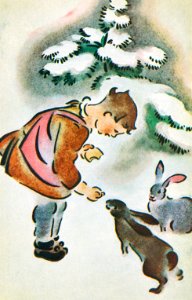 A Girl Feeding Rabbits from The Miriam and Ira D. Wallach Division of Art, Prints and Photographs.. Free illustration for personal and commercial use.