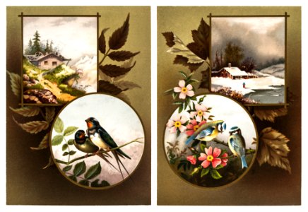 Christmas Card Depicting Winter Landscapes, Birds, and Flowers (1865–1899) by L. Prang & Co.