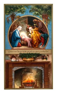 Christmas Card Depicting a Fireplace and a Manger Scene (1865–1899) by L. Prang & Co.. Free illustration for personal and commercial use.