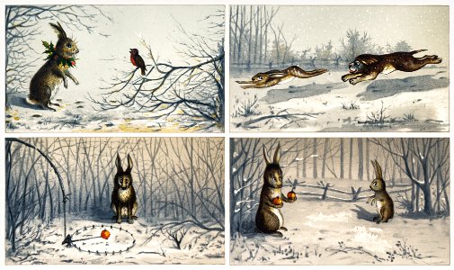 Christmas Card Depicting Winter Landscapes with Dogs, Rabbits, and Birds (1865–1899) by L. Prang & Co.. Free illustration for personal and commercial use.