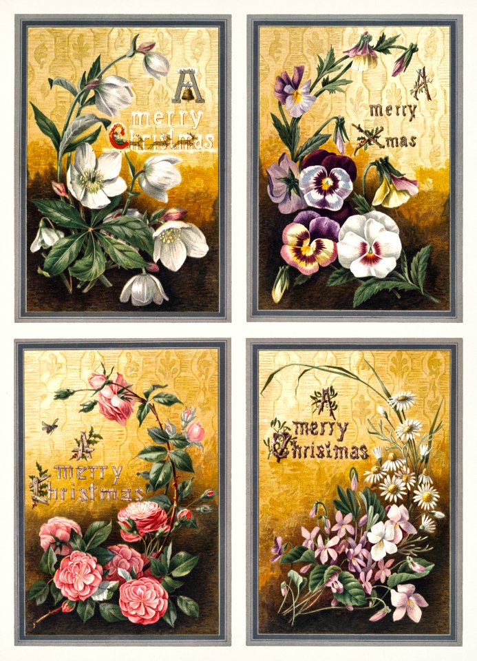 Christmas Cards Depicting Flowers and Reindeer with Sled (1865–1899) by L. Prang & Co.. Free illustration for personal and commercial use.