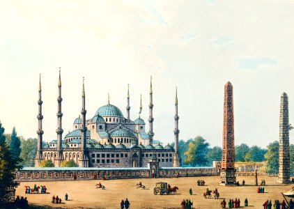Mosque of Sultan Achmet from Views in the Ottoman Dominions, in Europe, in Asia, and some of the Mediterranean islands (1810) illustrated by Luigi Mayer (1755-1803).. Free illustration for personal and commercial use.