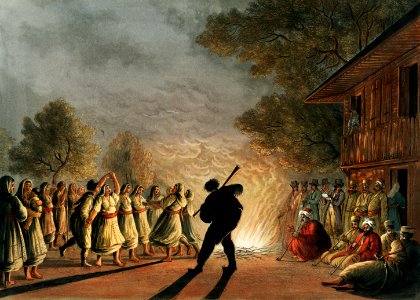 Dance of Bulgarian Peasants from Views in the Ottoman Dominions, in Europe, in Asia, and some of the Mediterranean islands (1810) illustrated by Luigi Mayer (1755-1803).. Free illustration for personal and commercial use.