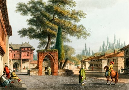 Caravansary at Kustchiuk Czemege from Views in the Ottoman Dominions, in Europe, in Asia, and some of the Mediterranean islands (1810) illustrated by Luigi Mayer (1755-1803).. Free illustration for personal and commercial use.