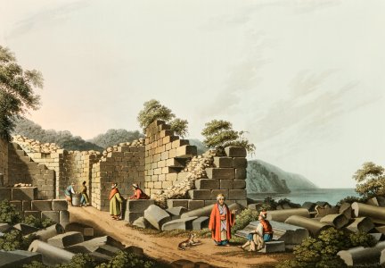 Ruins of an ancient Temple in Samos from Views in the Ottoman Dominions, in Europe, in Asia, and some of the Mediterranean islands (1810) illustrated by Luigi Mayer (1755-1803).. Free illustration for personal and commercial use.