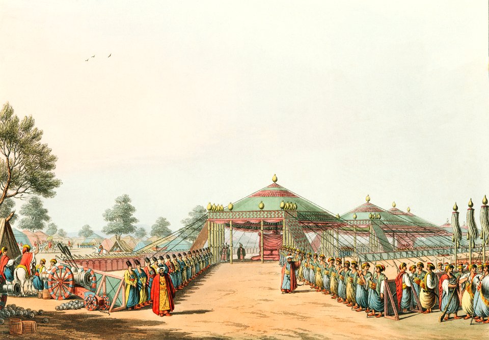 Turkish Encampment from Views in the Ottoman Dominions, in Europe, in Asia, and some of the Mediterranean islands (1810) illustrated by Luigi Mayer (1755-1803).