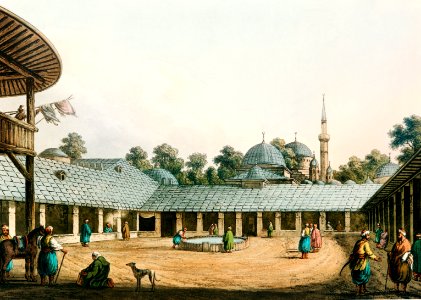 Caravansary at Borgas from Views in the Ottoman Dominions, in Europe, in Asia, and some of the Mediterranean islands (1810) illustrated by Luigi Mayer (1755-1803).