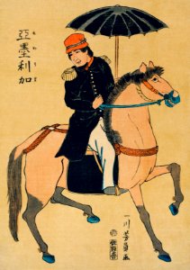 Amerika by Utagawa Yoshikazu (1848-1863), a traditional Japanese illustration of a Japanese print showing an American soldier on horseback.. Free illustration for personal and commercial use.