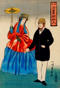 Shosha-Amerikajin by Utagawa Yoshikazu (1848-1863), a traditional Japanese illustration of a Japanese print showing an American couple, a woman holding a parasol and a man smoking a cigar.