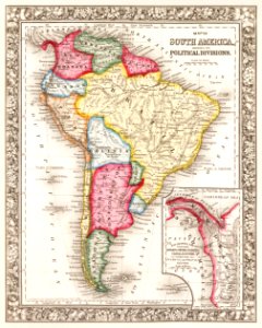Map of South America, showing its political divisions; Map showing the proposed Atrato-inter-oceanic canalroutes, for connecting the Atlantic and Pacific oceans (1863) by Samuel Augustus Mitchell.. Free illustration for personal and commercial use.