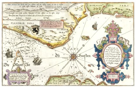 Kaart van de kusten van Vlaanderen, Normandië en Engeland (ca. 1580–1581) by Joannes van Doetechum (I).. Free illustration for personal and commercial use.