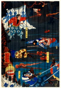 Soga no Adauchi by Utagawa Yoshikazu (1848-1863), a traditional Japanese ukiyo-e style diptych of a scene from a Soga kabuki play, Soga brothers and warriors fighting.