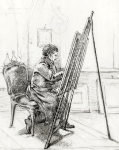 Portrait of Gerrit Jan Michaëlis, sitting in front of easel in his studio (1823) by Jean Bernard (1775-1883).. Free illustration for personal and commercial use.