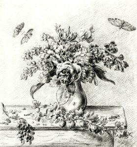 Still life with flower arrangement, fruits and insects by Jean Bernard (1775-1883).. Free illustration for personal and commercial use.