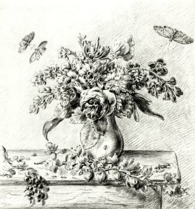 Still life with flower arrangement, fruits and insects by Jean Bernard (1775-1883).