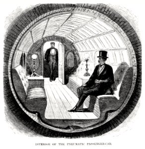 Illustration of interior of the pneumatic passenger-car from Illustrated description of the Broadway underground railway (1872) by New York Parcel Dispatch Company.. Free illustration for personal and commercial use.