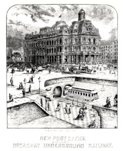 Illustration of New post office & proposed Broadway underground railway from Illustrated description of the Broadway underground railway (1872) by New York Parcel Dispatch Company.. Free illustration for personal and commercial use.