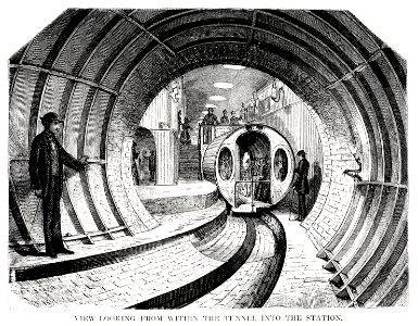 Illustration of the view when looking from within the tunnel into the station from Illustrated description of the Broadway underground railway (1872) by New York Parcel Dispatch Company.