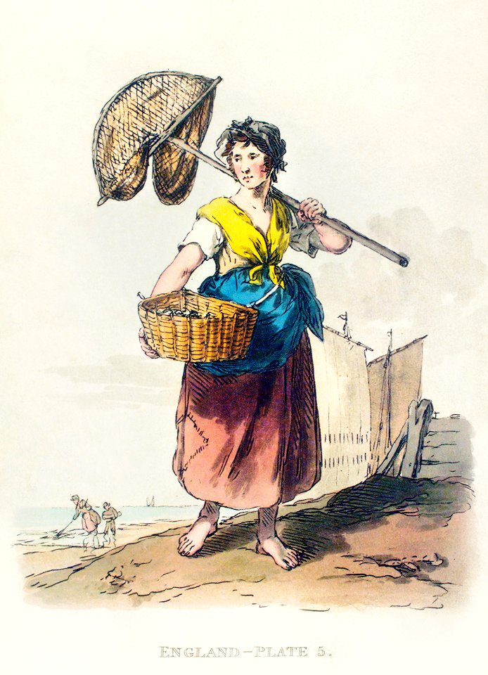 Illustration of female shrimper from Picturesque Representations of the Dress and Manners of the English(1814) by William Alexander (1767-1816).