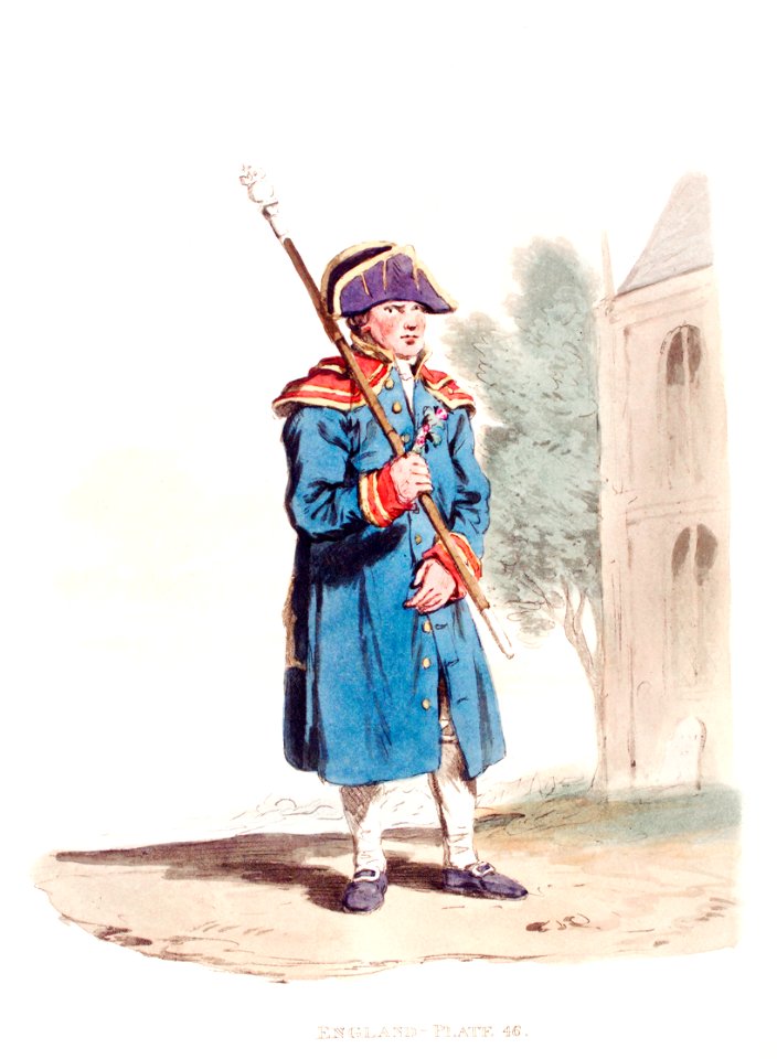 Illustration of beadle of the chruch from Picturesque Representations of the Dress and Manners of the English(1814) by William Alexander (1767-1816).