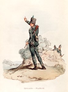 Illustration of a rifleman from Picturesque Representations of the Dress and Manners of the English(1814) by William Alexander (1767-1816).