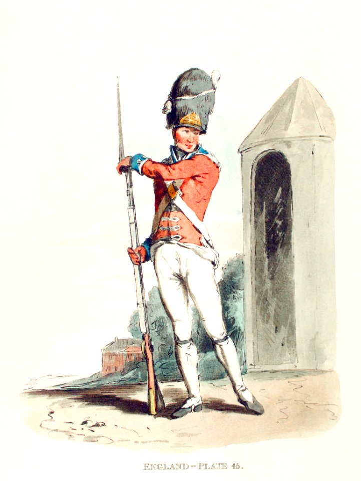 Illustration of Grenadier of the 1st Regiment of Guards from Picturesque Representations of the Dress and Manners of the English(1814) by William Alexander (1767-1816).
