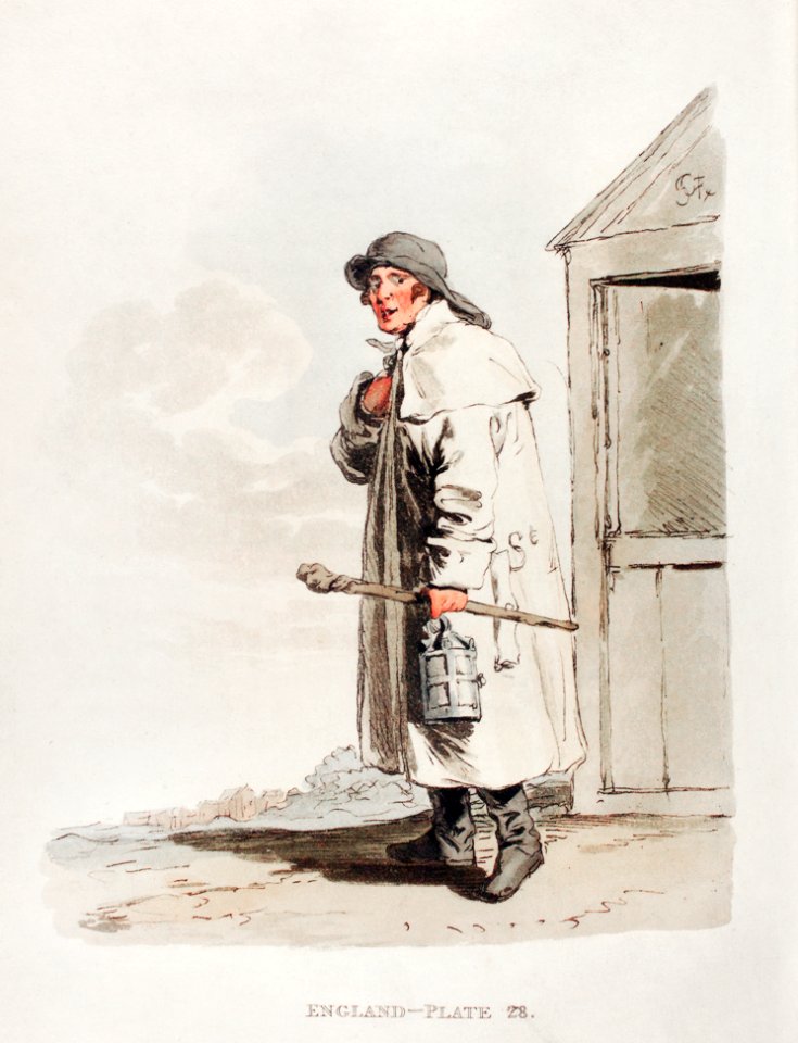 Illustration of a watchman from Picturesque Representations of the Dress and Manners of the English(1814) by William Alexander (1767-1816).