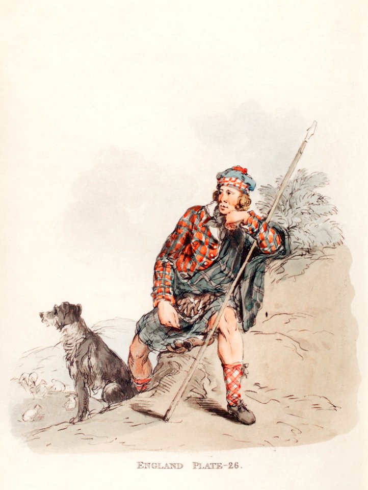 Illustration of a highland shepherd from Picturesque Representations of the Dress and Manners of the English(1814) by William Alexander (1767-1816).