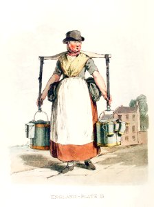 Illustration of a milk-maid from Picturesque Representations of the Dress and Manners of the English(1814) by William Alexander (1767-1816).