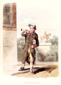 Illustration of a newsman from Picturesque Representations of the Dress and Manners of the English(1814) by William Alexander (1767-1816).