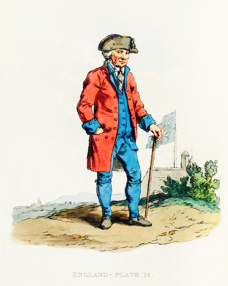 Illustration of the Chelsea pensioner from Picturesque Representations of the Dress and Manners of the English(1814) by William Alexander (1767-1816).