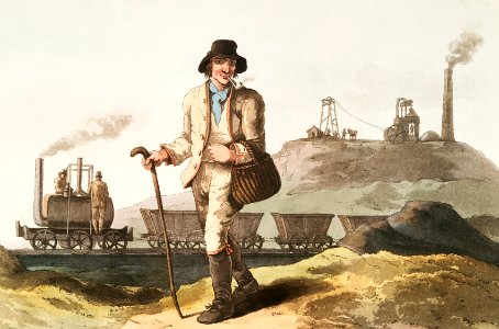 Illustration of the collier from The Costume of Yorkshire (1814) by George Walker (1781-1856). This image features also feature the first published illustration of a locomotive (steam engine) built by Murray & Blenkinsop in 1812.