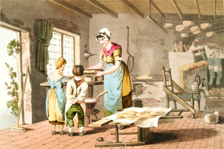 Illustration of woman making oat cakes from The Costume of Yorkshire (1814) by George Walker (1781-1856).
