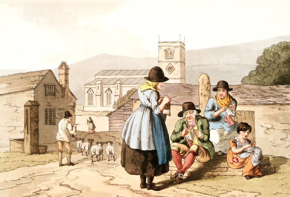 Illustration of Wensley Dale knitters from The Costume of Yorkshire (1814) by George Walker (1781-1856).. Free illustration for personal and commercial use.