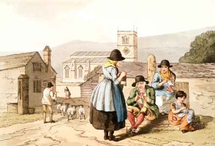 Illustration of Wensley Dale knitters from The Costume of Yorkshire (1814) by George Walker (1781-1856).