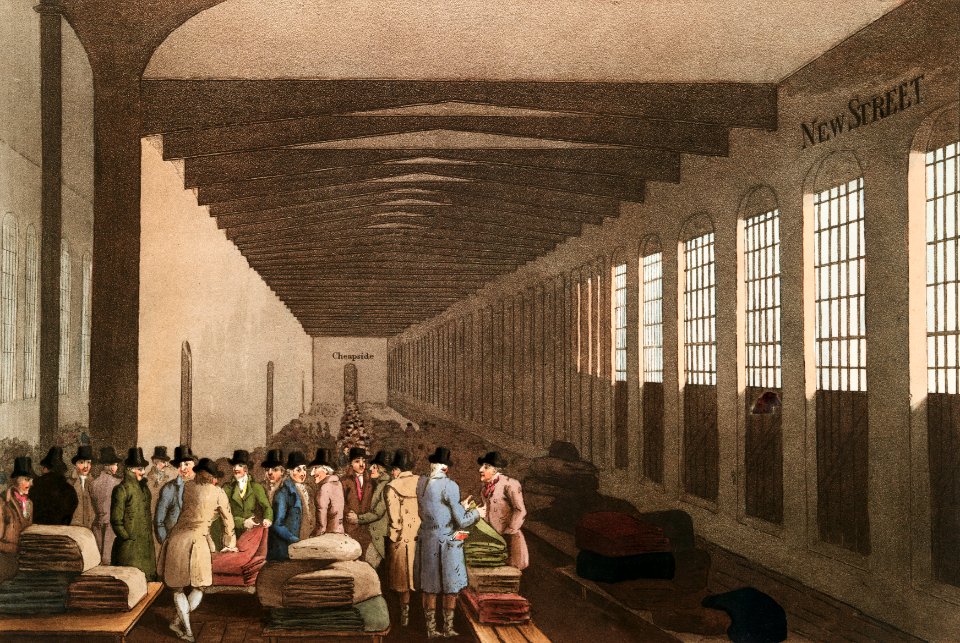 Illustration of the cloth hall from The Costume of Yorkshire (1814) by George Walker (1781-1856).. Free illustration for personal and commercial use.