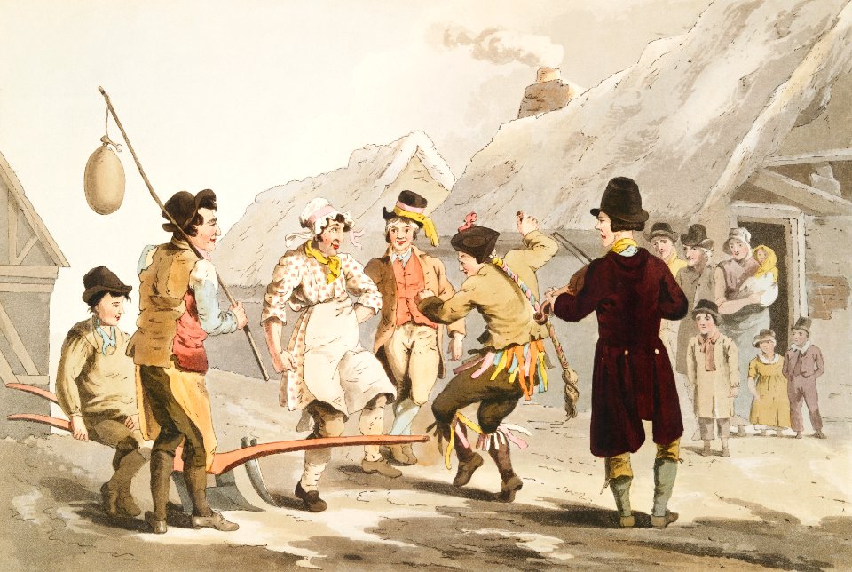 Illustration of the fool plough from The Costume of Yorkshire (1814) by George Walker (1781-1856).. Free illustration for personal and commercial use.