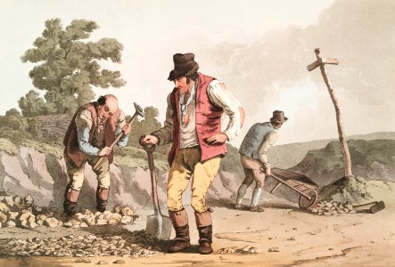 Illustration of stone breakers on the road from The Costume of Yorkshire (1814) by George Walker (1781-1856).