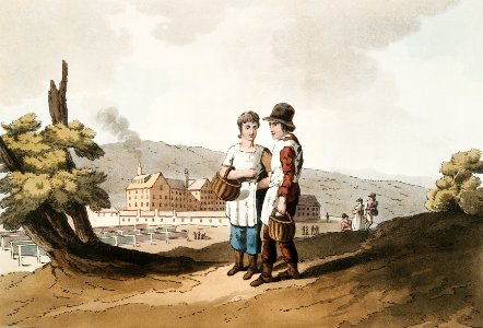 Illustration of factory children from The Costume of Yorkshire (1814) by George Walker (1781-1856).. Free illustration for personal and commercial use.