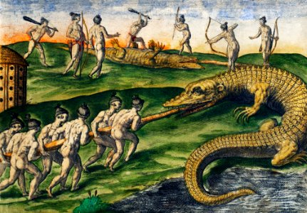 Deer hunting and Crocodile hunting illustration from Grand voyages (1596) by Theodor de Bry (1528-1598).
