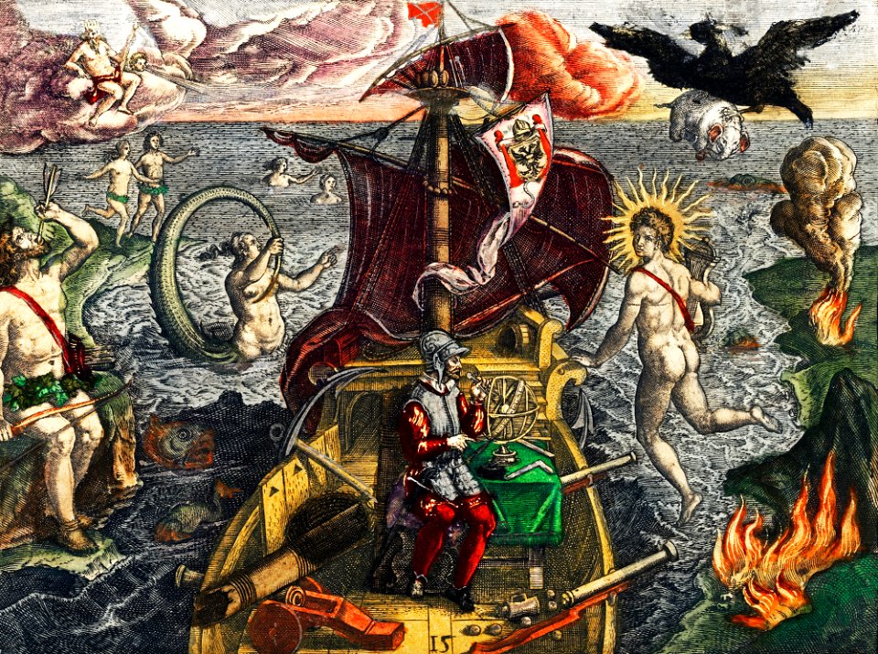Battle between Francisco Poras and Columbus on Jamaica illustration from Grand voyages (1596) by Theodor de Bry (1528-1598).