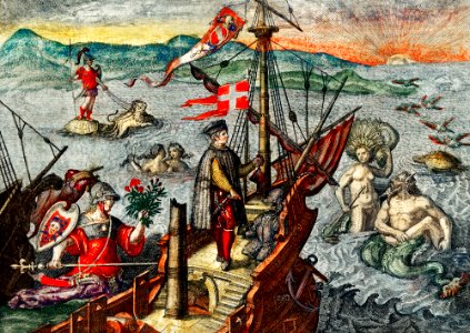 Christopher Columbus illustration from Grand voyages (1596) by Theodor de Bry (1528-1598).. Free illustration for personal and commercial use.