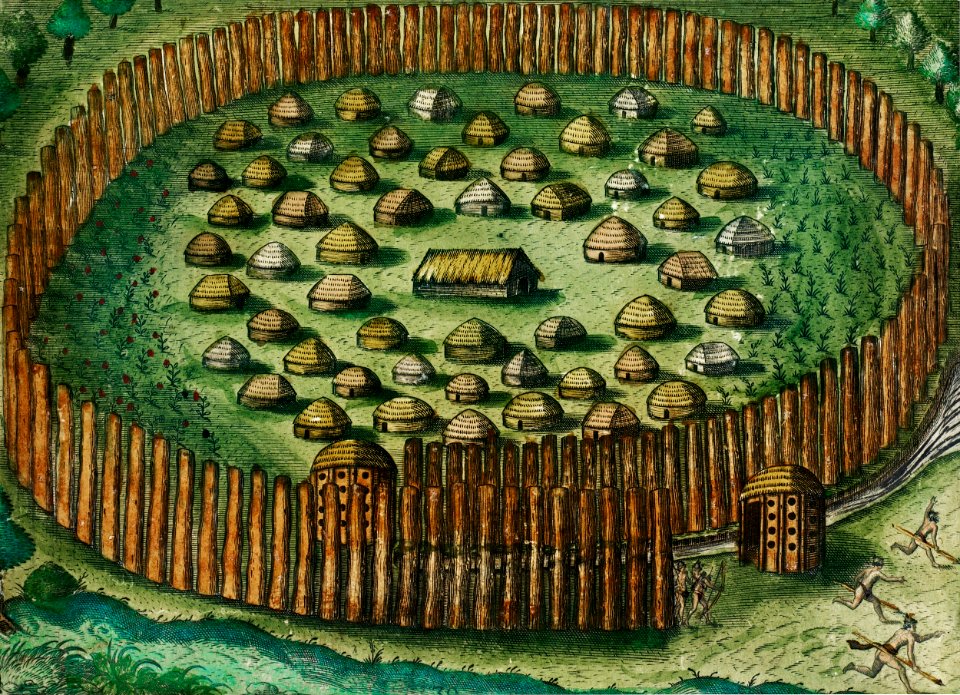 A council of state and A fortified village ; Construction of a native Floridian town illustration from Grand voyages (1596) by Theodor de Bry (1528-1598).