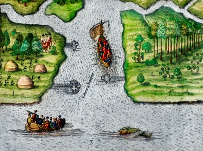 Leaving the River of May, the French discover two other rivers ; Six other rivers discovered by the French illustration from Grand voyages (1596) by Theodor de Bry (1528-1598).. Free illustration for personal and commercial use.