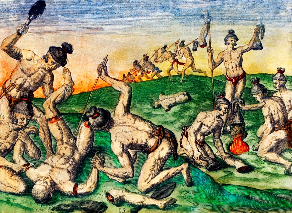 How Outina's soldiers treated the bodies of the enemy ; Trophies and solemn rites after an enemy's defeat illustration from Grand voyages (1596) by Theodor de Bry (1528-1598).