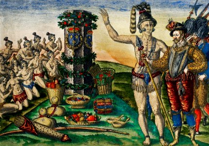 French left in Fort Charles suffer from scarcity of provisions ; Natives of Florida worship the column erected by the commander on his first voyage illustration from Grand voyages (1596) by Theodor de Bry (1528-1598).. Free illustration for personal and commercial use.