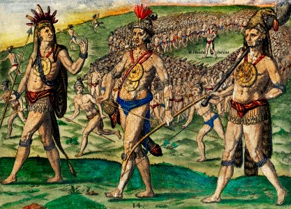 Outina, aided by the French, overcomes his enemy, Potanou ; Outina departs for war with military discipline illustration from Grand voyages (1596) by Theodor de Bry (1528-1598).. Free illustration for personal and commercial use.