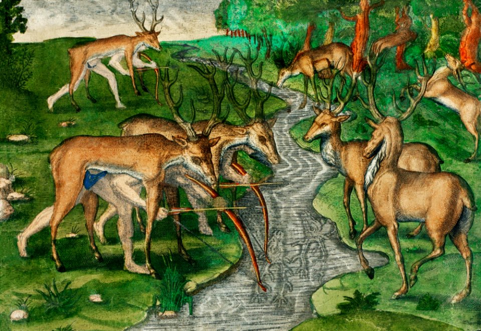 Deer hunting and Crocodile hunting illustration from Grand voyages (1596) by Theodor de Bry (1528-1598).. Free illustration for personal and commercial use.