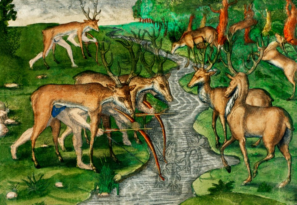 Deer hunting and Crocodile hunting illustration from Grand voyages (1596) by Theodor de Bry (1528-1598).