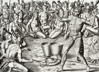 Ceremonies Performed by Saturioua Before Going on an Expedition Against the Enemy illustration from Grand voyages (1596) by Theodor de Bry (1528-1598).. Free illustration for personal and commercial use.